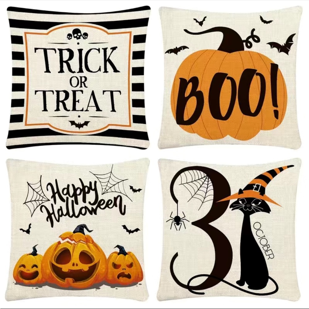 4pcs Halloween Linen Square Cushion Cover,‎ Fall Zipper Single-sided Printed